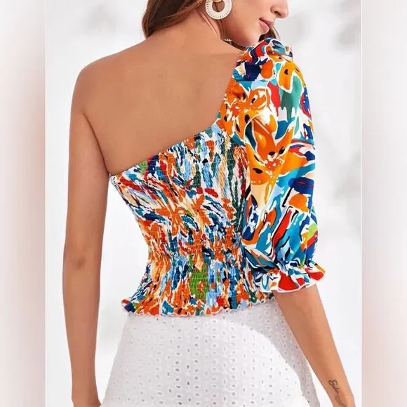 SHEIN Allover Print Ruffle One Shoulder Puff Sleeve Top XL NWOT - Picture 11 of 11